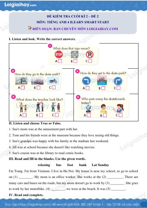 Đề thi học kì 2 Tiếng Anh 4 iLearn Smart Start - Đề số 2